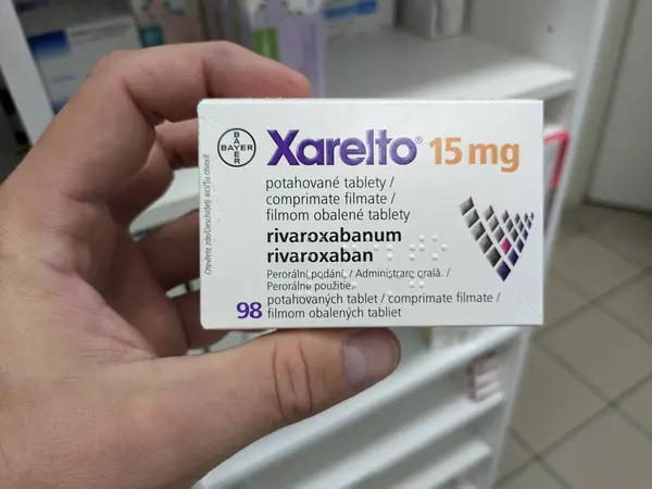 stock image Prague, Czech Republic - July 10 2024: XARELTO box of medication with RIVAROXABAN active substance by BAYER, used for treatment of blood clot prevention and stroke prevention.