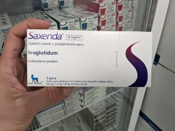stock image Prague, Czech Republic - July 10 2024: SAXENDA box of medication with LIRAGLUTIDE active substance by NOVO NORDISK, used for weight loss and diabetes management.