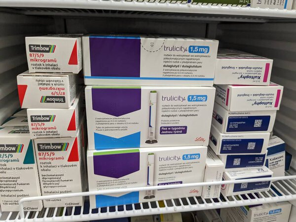 Prague, Czech Republic - July 10 2024: TRULICITY box of medication with DULAGLUTIDE active substance by ELI LILLY, used for treatment of type 2 diabetes and blood sugar control.