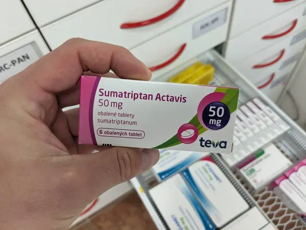 stock image Prague, Czech Republic - July 10 2024: SUMATRIPTAN ACTAVIS box of medication with SUMATRIPTAN active substance by ACTAVIS, used for acute migraine relief and headache management.