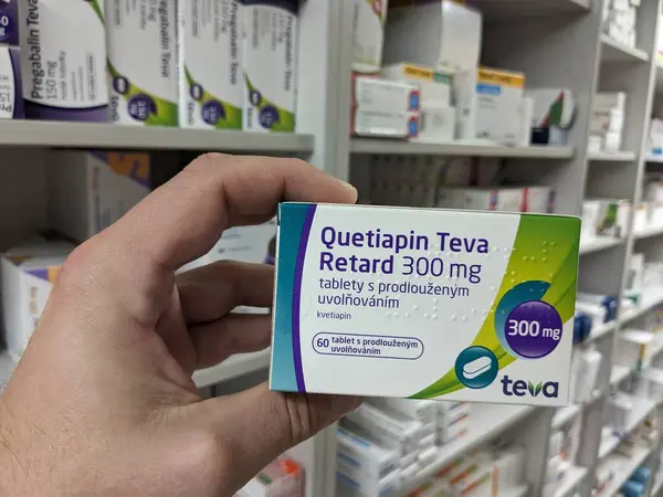 Stock image Prague, Czech Republic - July 10 2024: QUETIAPIN TEVA box of medication with QUETIAPINE active substance by TEVA, used for treatment of schizophrenia, bipolar disorder, and major depressive disorder.