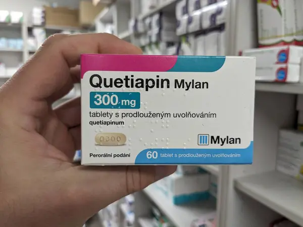 stock image Prague, Czech Republic - July 10 2024: Quetiapin Mylan box of medication with quetiapine active substance by Mylan, used for treatment of schizophrenia, bipolar disorder, major depressive disorder.