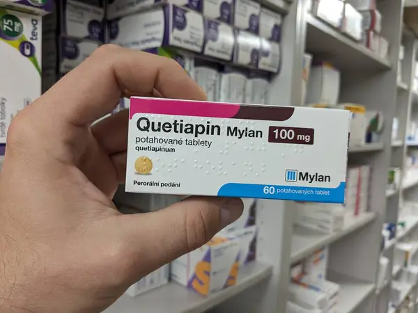 stock image Prague, Czech Republic - July 10 2024: Quetiapin Mylan box of medication with quetiapine active substance by Mylan, used for treatment of schizophrenia, bipolar disorder, major depressive disorder.