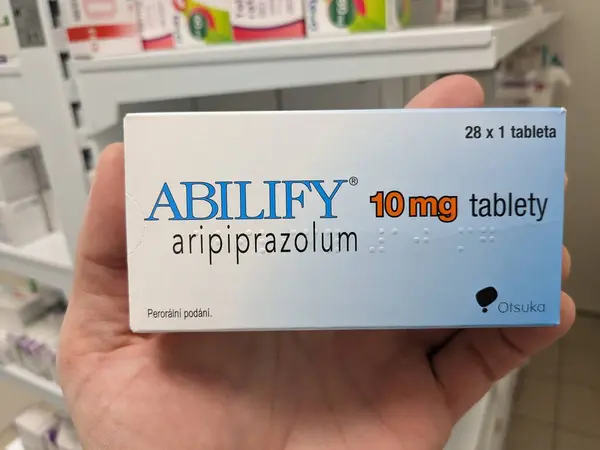 stock image Prague, Czech Republic - July 10 2024: ABILIFY box of medication with ARIPIPRAZOLE active substance by OTSUKA, used for treatment of schizophrenia and bipolar disorder.