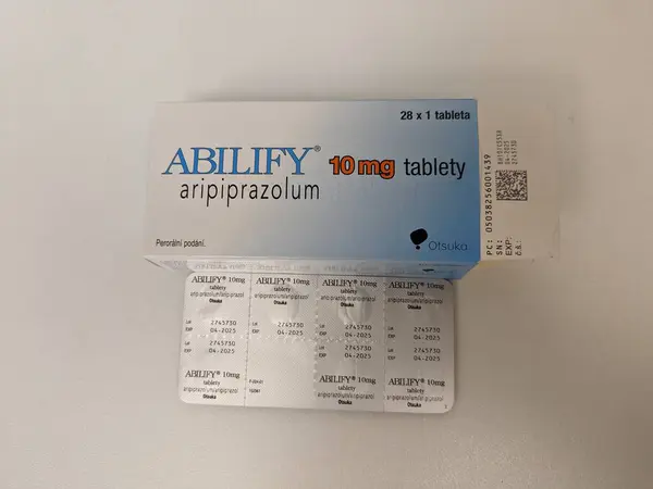 stock image Prague, Czech Republic - July 10 2024: ABILIFY box of medication with ARIPIPRAZOLE active substance by OTSUKA, used for treatment of schizophrenia and bipolar disorder.