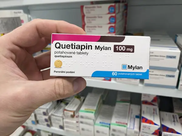 stock image Prague, Czech Republic - July 10 2024: Quetiapin Mylan box of medication with quetiapine active substance by Mylan, used for treatment of schizophrenia, bipolar disorder, major depressive disorder.