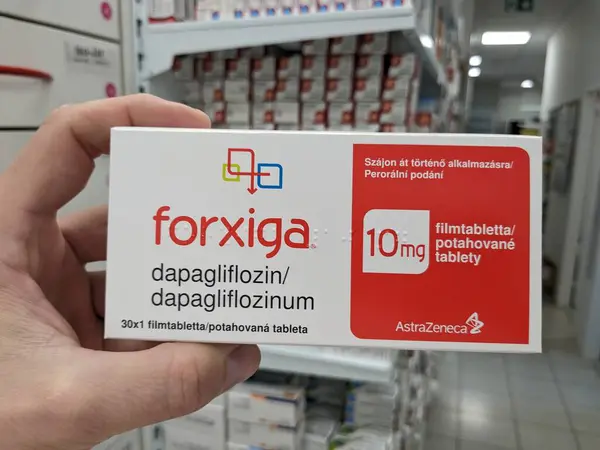 stock image Prague, Czech Republic - July 10 2024: FORXIGA box of medication with DAPAGLIFLOZIN active substance by ASTRAZENECA, used for treatment of type 2 diabetes and heart failure.