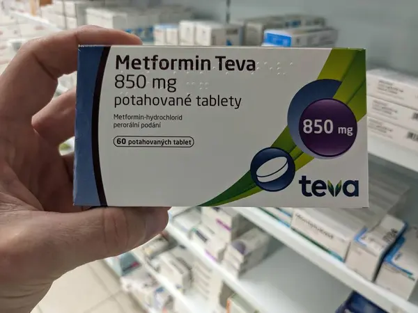 stock image Prague, Czech Republic - July 10 2024: METFORMIN TEVA box of medication with METFORMIN active substance by TEVA, used for treatment of type 2 diabetes and blood sugar control.