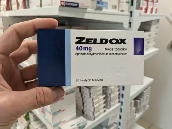 stock image Prague, Czech Republic - July 10 2024: ZELDOX box of medication with ZIPRASIDONE active substance by PFIZER, used for treatment of schizophrenia and bipolar disorder.