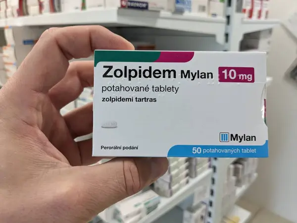 stock image Prague, Czech Republic - July 10 2024: ZOLPIDEM MYLAN box of medication with ZOLPIDEM active substance by MYLAN, used for treatment of insomnia and sleep disorders.