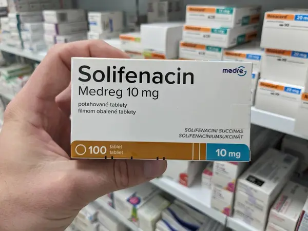 stock image Prague, Czech Republic - July 10 2024: SOLIFENACIN MEDREG box of medication with SOLIFENACIN active substance by MEDREG, used for treatment of overactive bladder and urinary incontinence.