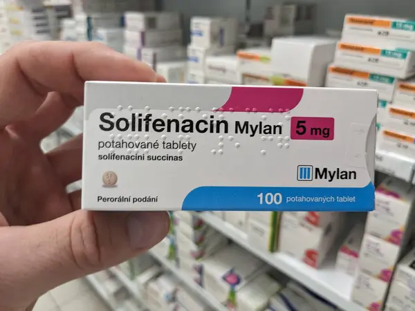 stock image Prague, Czech Republic - July 10 2024: SOLIFENACIN MYLAN box of medication with SOLIFENACIN active substance by MYLAN, used for treatment of overactive bladder and urinary incontinence.