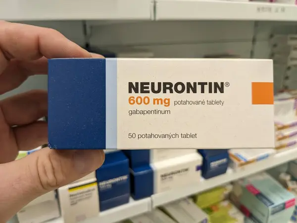 stock image Prague, Czech Republic - July 10 2024: NEURONTIN box of medication with GABAPENTIN active substance by PFIZER, used for treatment of neuropathic pain and epilepsy.