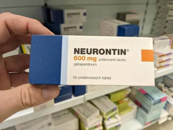 stock image Prague, Czech Republic - July 10 2024: NEURONTIN box of medication with GABAPENTIN active substance by PFIZER, used for treatment of neuropathic pain and epilepsy.