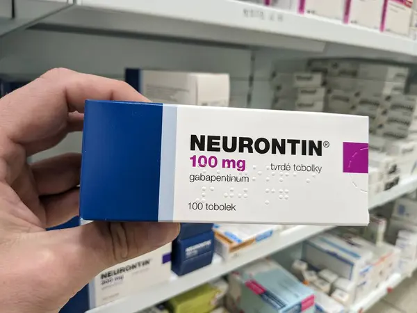 Stock image Prague, Czech Republic - July 10 2024: NEURONTIN box of medication with GABAPENTIN active substance by PFIZER, used for treatment of neuropathic pain and epilepsy.