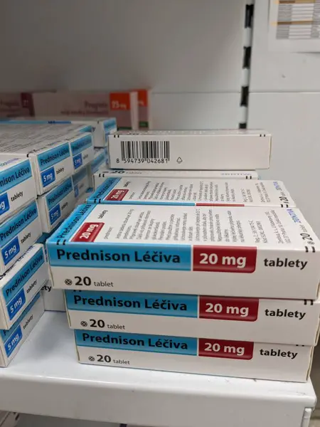 stock image Prague, Czech Republic - July 10 2024: PREDNISON box of medication with PREDNISONE active substance by ZENTIVA, used for treatment of inflammation and autoimmune diseases.