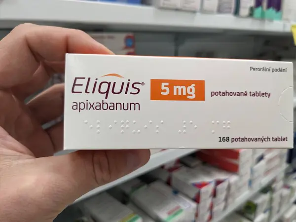 stock image Prague, Czech Republic - July 10 2024: ELIQUIS box of medication with APIXABAN active substance by BRISTOL-MYERS SQUIBB, used for treatment of blood clot prevention and stroke prevention.