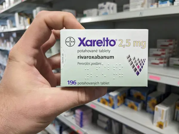 stock image Prague, Czech Republic - July 10 2024: XARELTO box of medication with RIVAROXABAN active substance by BAYER, used for prevention and treatment of blood clots.