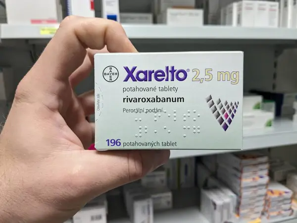 stock image Prague, Czech Republic - July 10 2024: XARELTO box of medication with RIVAROXABAN active substance by BAYER, used for prevention and treatment of blood clots.