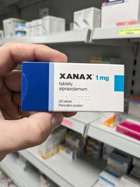 stock image Prague, Czech Republic - July 10 2024: XANAX box of medication with ALPRAZOLAM active substance by PFIZER, used for treatment of anxiety and panic disorder.