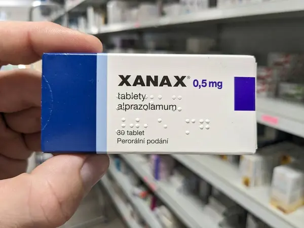 stock image Prague, Czech Republic - July 10 2024: XANAX box of medication with ALPRAZOLAM active substance by PFIZER, used for treatment of anxiety and panic disorder.