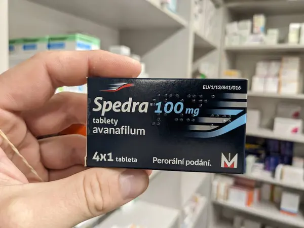 stock image Prague, Czech Republic - July 10 2024: SPEDRA box of medication with AVANAFIL active substance by MENARINI, used for treatment of erectile dysfunction.