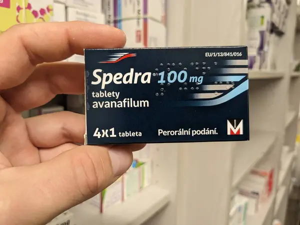 stock image Prague, Czech Republic - July 10 2024: SPEDRA box of medication with AVANAFIL active substance by MENARINI, used for treatment of erectile dysfunction.