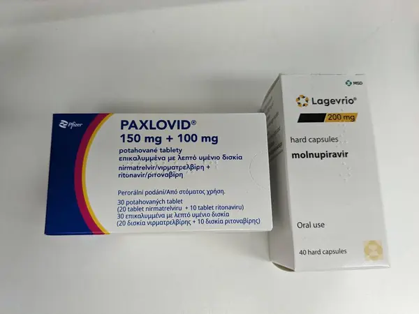 stock image Prague,Czech republic- December 2 2023: Paxlovid box of medication with active substance Nirmatrelvir and ritonavir combination for COVID 19, cov19 treatment by Pfizer-new special blister-complience