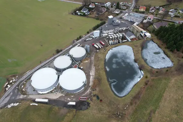 stock image biogas production, biogas plants, bioenergy,aerial panorama landscape view of bio gas production facility and powerplant,European energy crisis,green renewable energy production, Czech republic,Europe