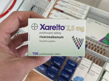 Prague,Czech republic-August 4 2024: Xarelto, medication to reduce stroke and blood clot by Bayer Healthcare.Rivaroxaban active substance clipart