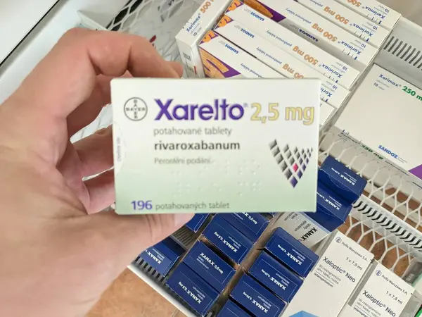 stock image Prague,Czech republic-August 4 2024: Xarelto, medication to reduce stroke and blood clot by Bayer Healthcare.Rivaroxaban active substance