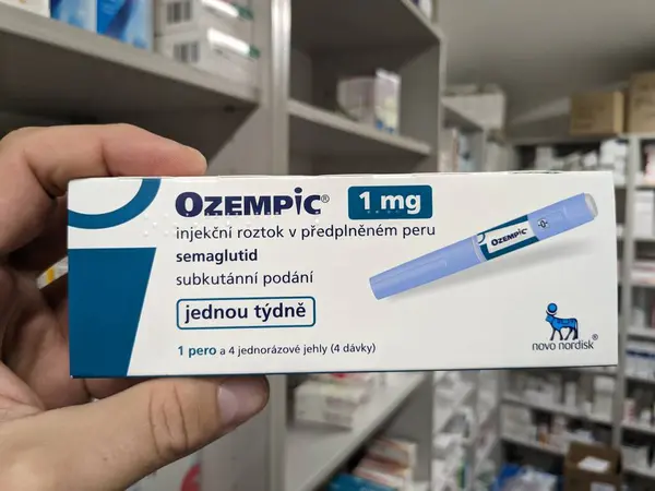 Stock image Prague,Czech republic- August 4 2024: Ozempic box. Czech version of ozempic medication. Diabetes treatment in Czech republic. Package of semaglutide. Diabetes drug.Sometimes abused for weight loss