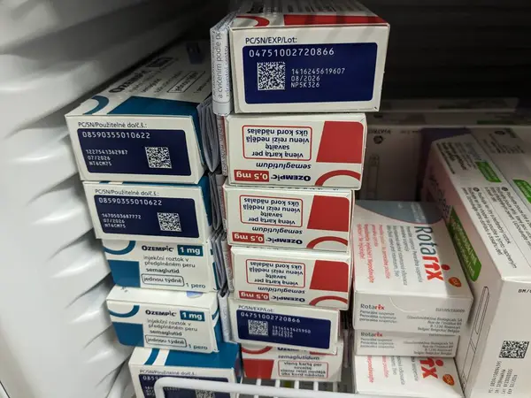 stock image Prague,Czech republic- August 4 2024: Ozempic box. Czech version of ozempic medication. Diabetes treatment in Czech republic. Package of semaglutide. Diabetes drug.Sometimes abused for weight loss