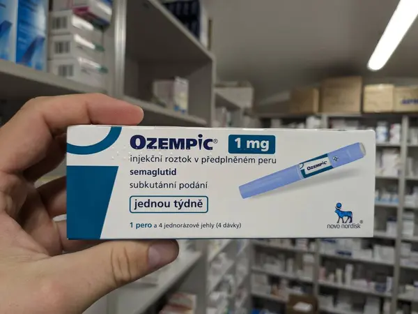 stock image Prague,Czech republic- August 4 2024: Ozempic box. Czech version of ozempic medication. Diabetes treatment in Czech republic. Package of semaglutide. Diabetes drug.Sometimes abused for weight loss