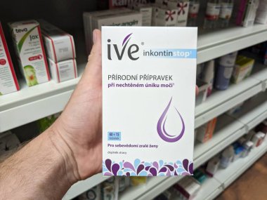 Prag, Çek Cumhuriyeti-10 Ağustos 2024: IVE INKONTIN İdrarını tutamama, idrar tutamama, mesane kontrolü, aşırı aktif mesane.