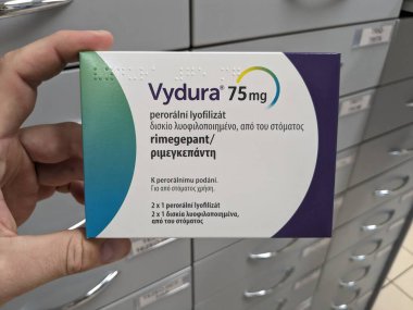 Prag, Çek Cumhuriyeti-7 Ağustos 2024: VYDURA RIMEGEPANT kutusu, akut migrenin tedavisinde kullanılan RIMEGEPANT aktif madde