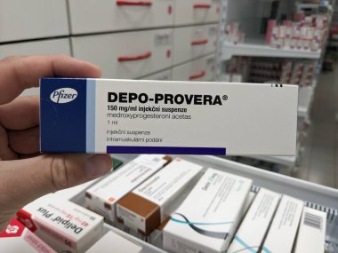 Prague,Czech Republic-August 7 2024: DEPO-PROVERA box of medication with MEDROXYPROGESTERONE active substance by PFIZER,used for contraception,birth control clipart