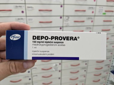 Prague,Czech Republic-August 7 2024: DEPO-PROVERA box of medication with MEDROXYPROGESTERONE active substance by PFIZER,used for contraception,birth control clipart