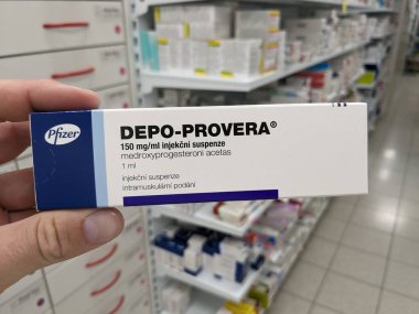 Prague,Czech Republic-August 7 2024: DEPO-PROVERA box of medication with MEDROXYPROGESTERONE active substance by PFIZER,used for contraception,birth control clipart