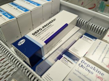 Prague,Czech Republic-August 7 2024: DEPO-PROVERA box of medication with MEDROXYPROGESTERONE active substance by PFIZER,used for contraception,birth control clipart