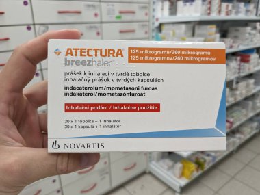 Prague,Czech Republic-August 7 2024: ATECTURA box of medication with INDACATEROL and MOMETASONE active substances by NOVARTIS,used for treatment of asthma,COPD clipart