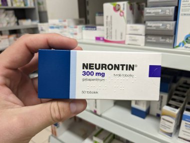 Prague,Czech Republic-August 7 2024: NEURONTIN box of medication with GABAPENTIN active substance by PFIZER,used for treatment of neuropathic pain,epilepsy clipart