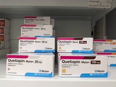 Prague,Czech Republic-August 10 2024: QUETIAPIN MYLAN box of medication with QUETIAPINE active substance by MYLAN,used for treatment of bipolar disorder,schizophrenia. clipart