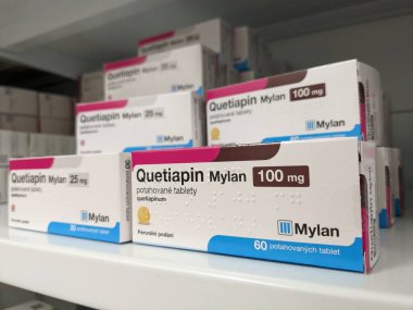 Prague,Czech Republic-August 10 2024: QUETIAPIN MYLAN box of medication with QUETIAPINE active substance by MYLAN,used for treatment of bipolar disorder,schizophrenia. clipart