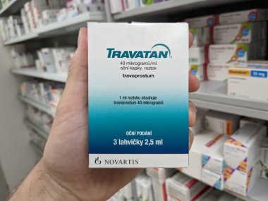 Prague,Czech Republic-August 10 2024: TRAVATAN box of ophthalmic solution with TRAVANOPROST active substance by ALCON,used for treatment of glaucoma,ocular hypertension. clipart