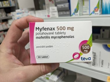 Prague,Czech Republic-August 10 2024: MYFENAX box of medication with MYCOPHENOLATE MOFETIL active substance by TEVA,used for treatment of organ transplant,autoimmune disorders. clipart