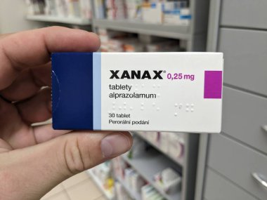 Prague,Czech republic-June 17 2024:box of medication with Alprazolam active substance by Pfizer,used for treatment of Anxiety disorders,Panic disorders clipart