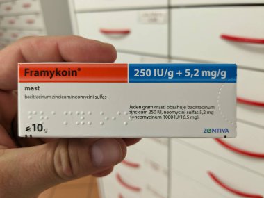 Prague,Czech Republic-August 7 2024: FRAMYKOIN box of ointment with NEOMYCIN and BACITRACIN active substances by ZENTIVA,used for treatment of skin infections,wound care. clipart