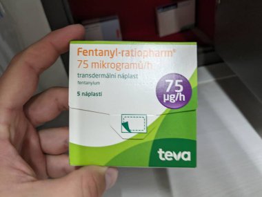 Prague,Czech Republic-August 10 2024: FENTANYL RATIOPHARM box of transdermal patches with FENTANYL active substance by RATIOPHARM,used for treatment of severe chronic pain. clipart