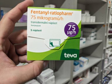 Prague,Czech Republic-August 10 2024: FENTANYL RATIOPHARM box of transdermal patches with FENTANYL active substance by RATIOPHARM,used for treatment of severe chronic pain. clipart